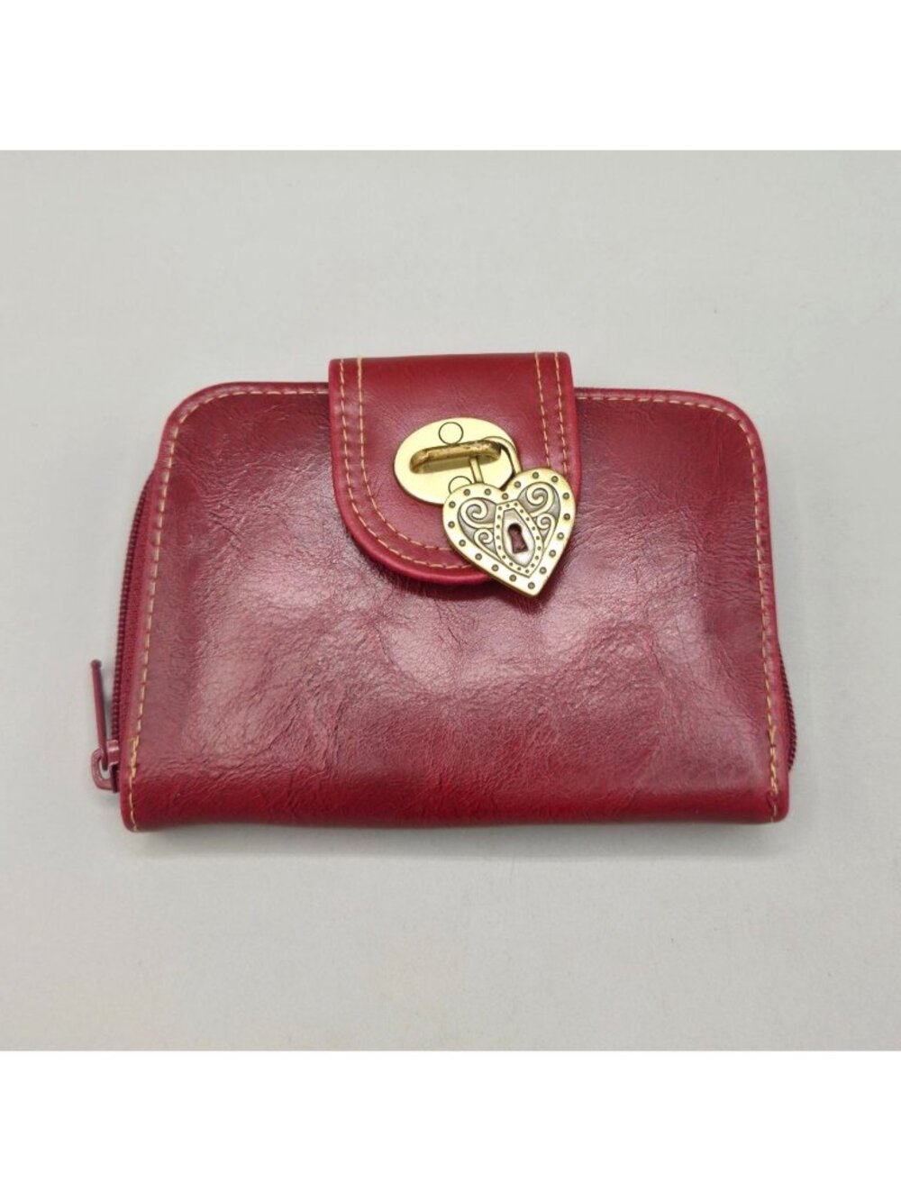 Vintage K-Mart Red Faux Leather Wallet Heart Padlock Accent Snap Zip Accessory